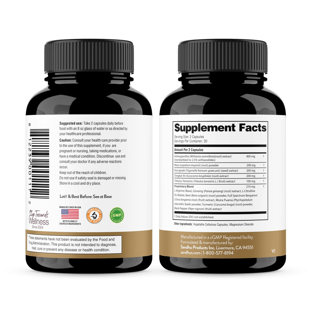 Maca Root Fenugreek Ashwagandha L-Arginine Ginseng Muira Puama Herbal Supplement 60 Capsules Z53015