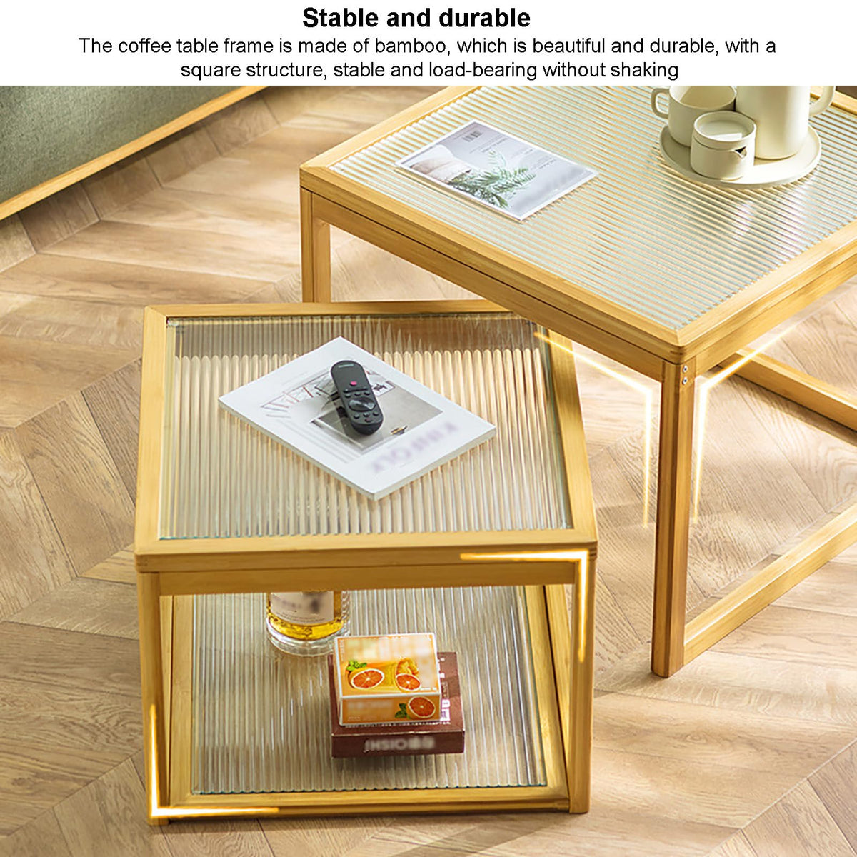 Square Glass Nesting Coffee Tables Set of 2 with Bamboo Frame I393