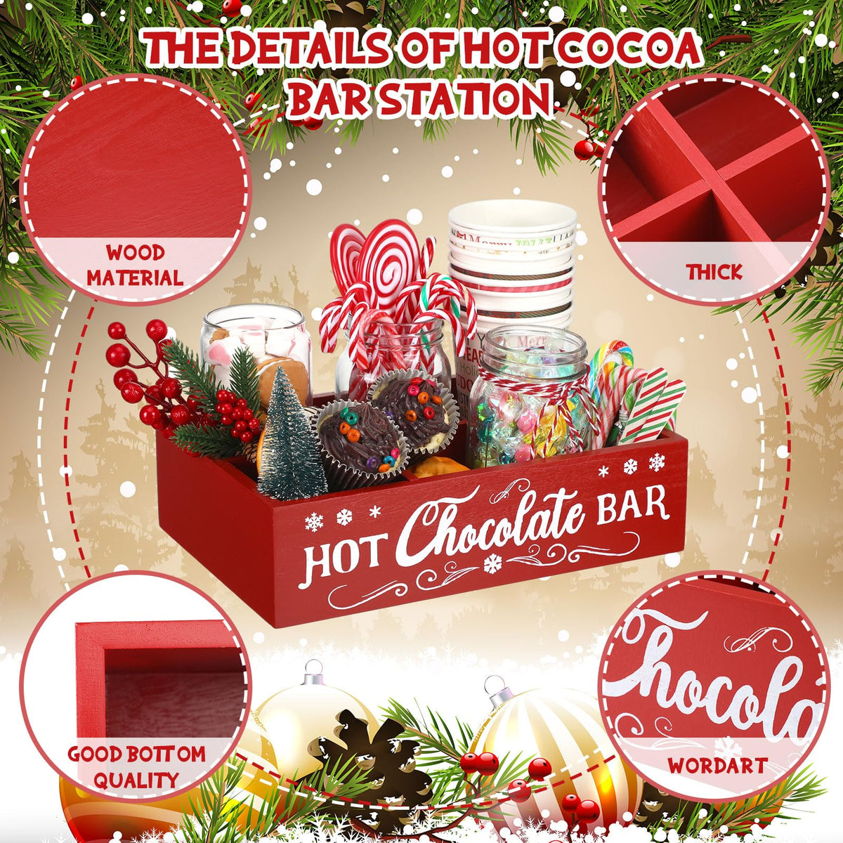 Christmas Hot Cocoa Bar Station Organizer Storage Box Wood Red X23907