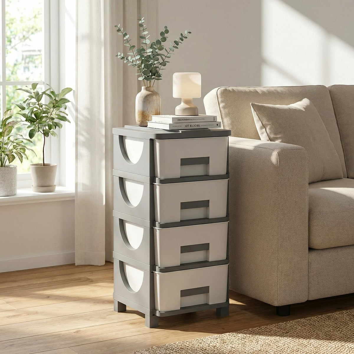 White Grey 4 Drawer Plastic Storage Tower H197192