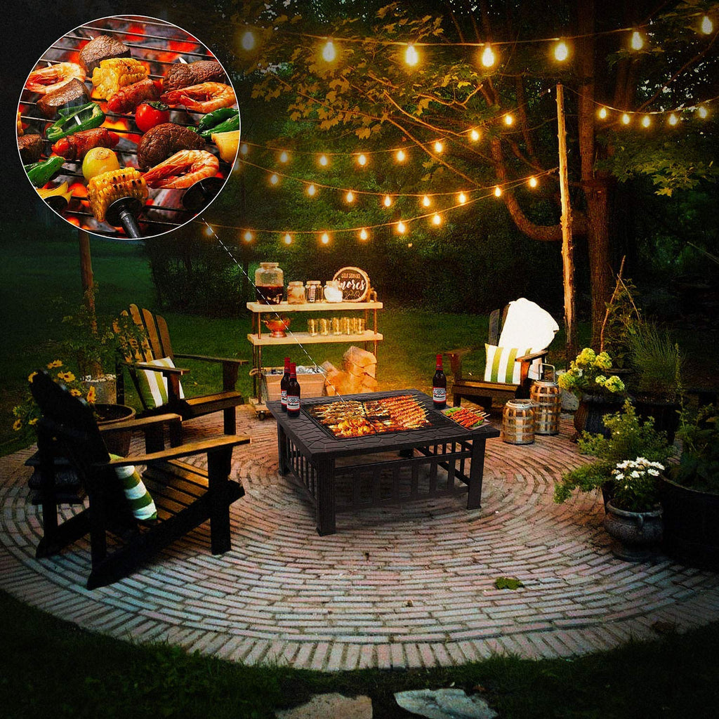 32" Square Wood Burning Fire Pit with Poker and Cover D50932