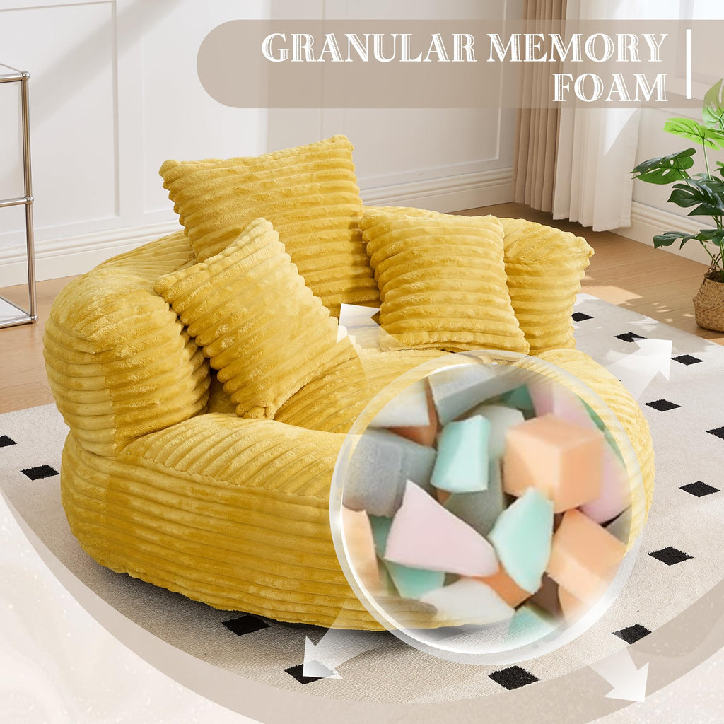 Oversized Memory Foam Bean Bag Chair with Pillows and Backrest, Mustard Yellow N643