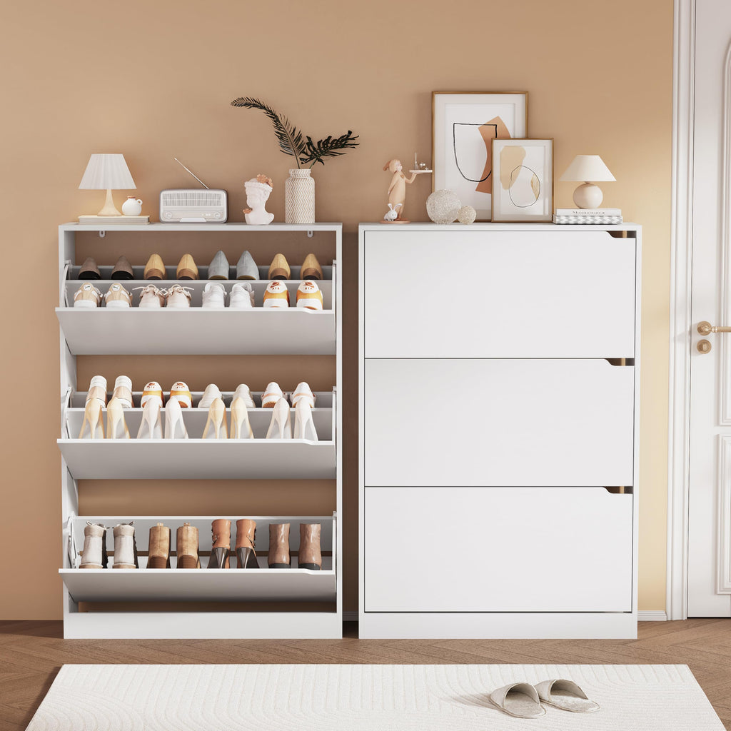 White 3 Flip Drawer Wood Shoe Storage Cabinet Z57817