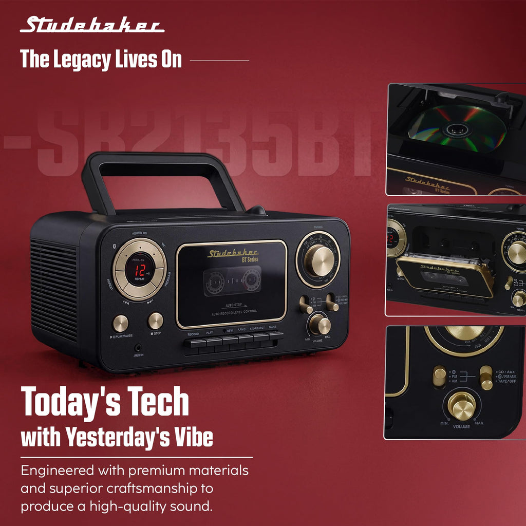 Portable CD Player with Bluetooth, AM/FM Stereo Radio & Cassette Player, Black & Gold X9986