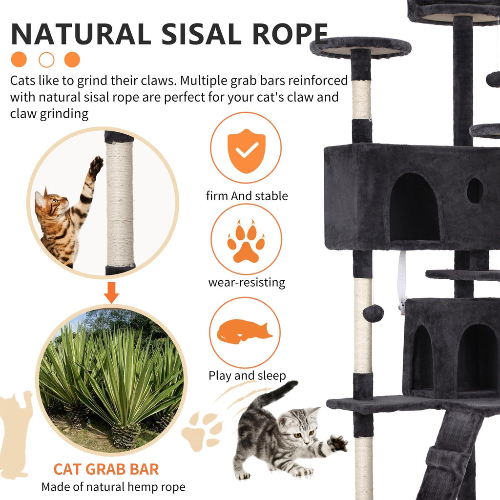 70 Inch Dark Grey Cat Tree Tower with Scratching Post G4687