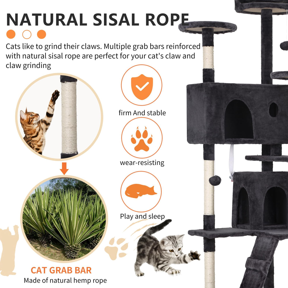 70 Inch Dark Grey Cat Tree Tower with Scratching Post G4687