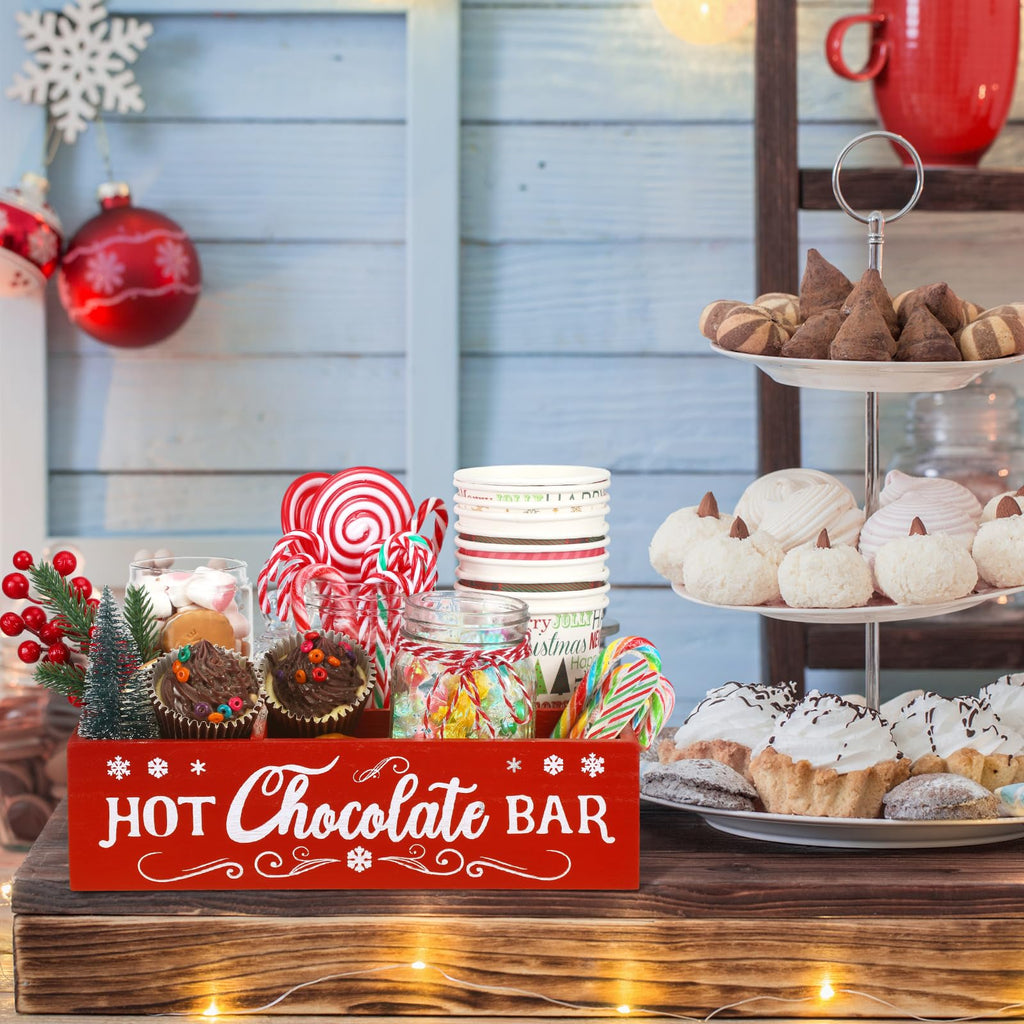 Christmas Hot Cocoa Bar Station Organizer Storage Box Wood Red X23907