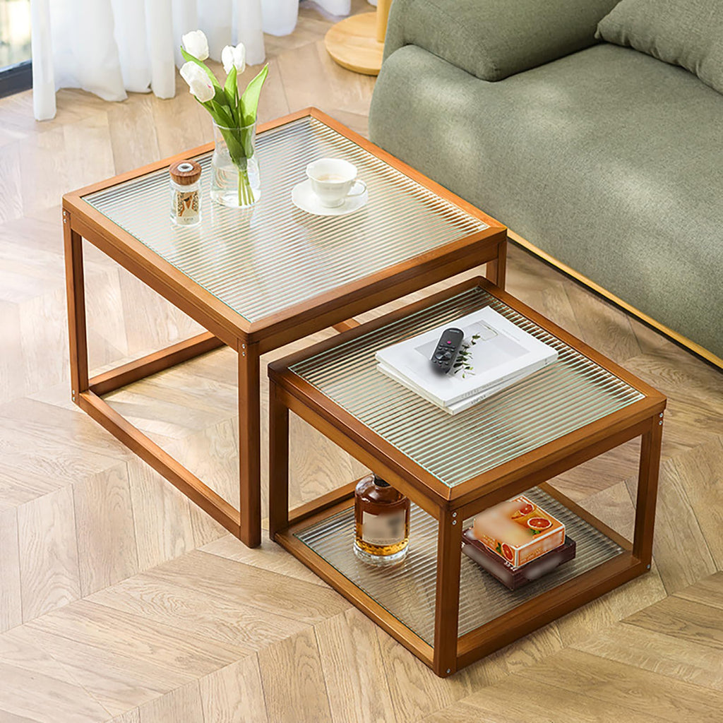 Square Glass Nesting Coffee Tables Set of 2 with Bamboo Frame I393