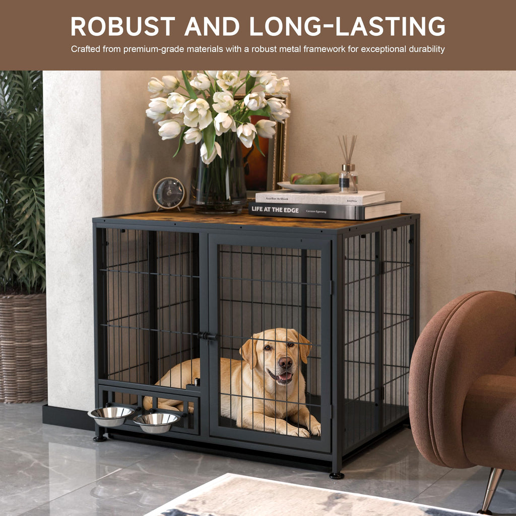 Heavy Duty Foldable Dog Crate with Wheels & Feeding Bowls I349