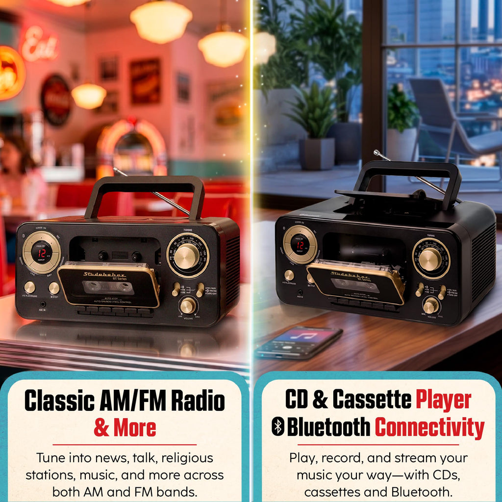 Portable CD Player with Bluetooth, AM/FM Stereo Radio & Cassette Player, Black & Gold X9986