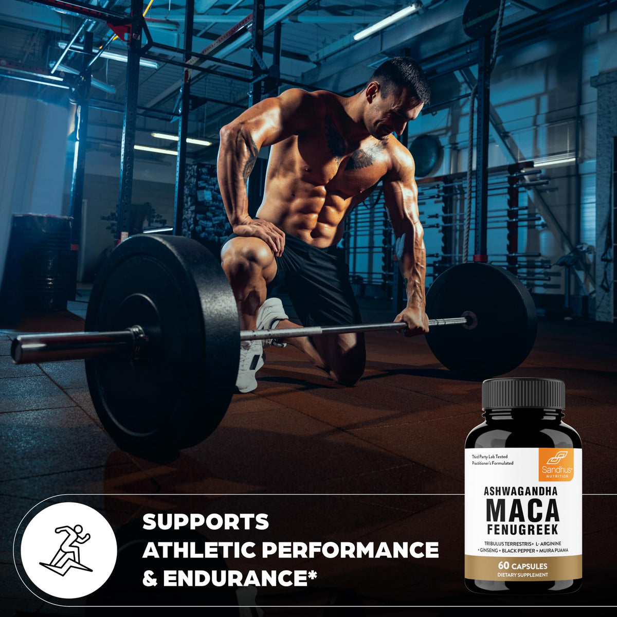 Maca Root Fenugreek Ashwagandha L-Arginine Ginseng Muira Puama Herbal Supplement 60 Capsules Z53015
