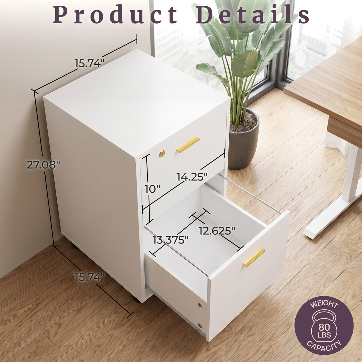 White 2 Drawer Wooden File Cabinet with Lock J940