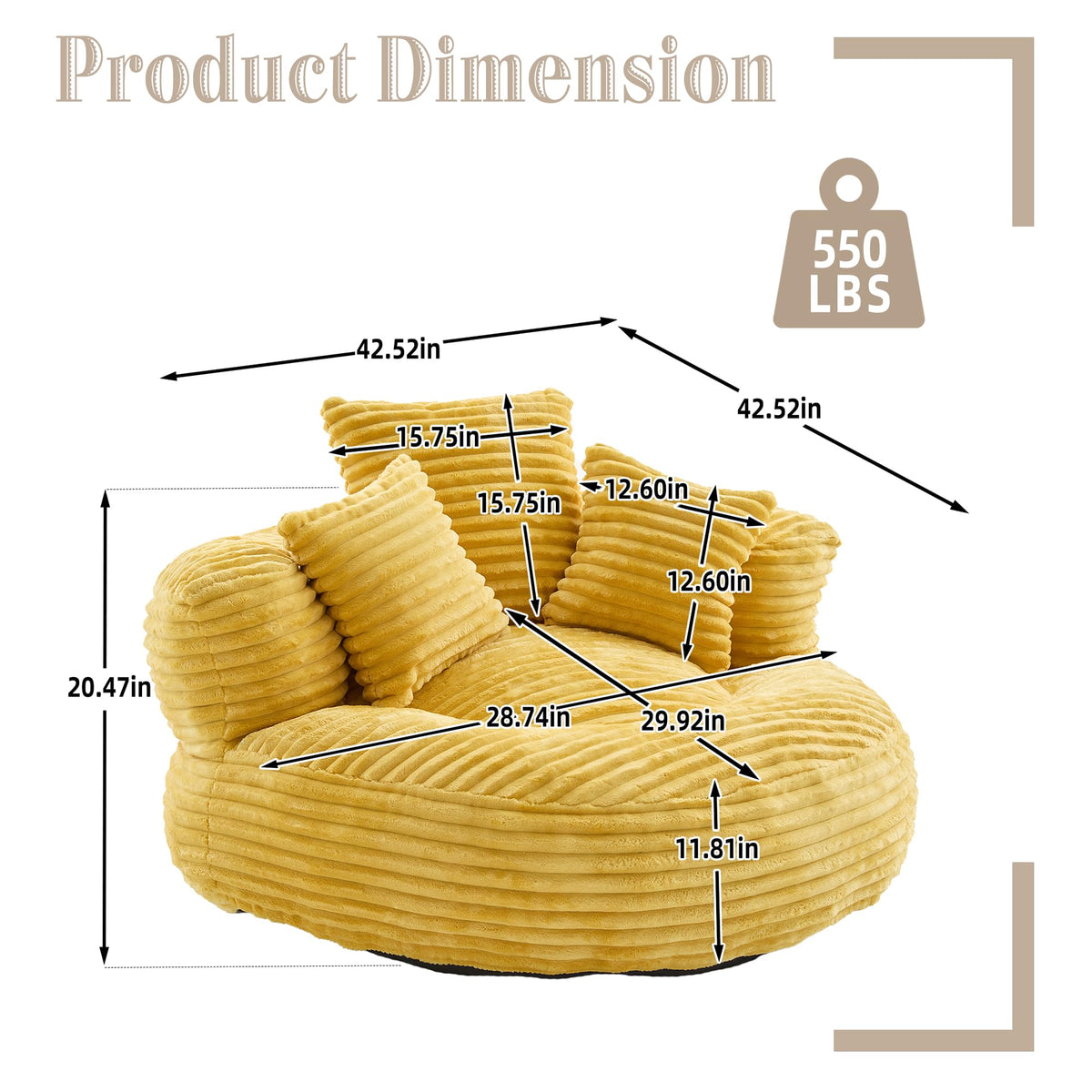 Oversized Memory Foam Bean Bag Chair with Pillows and Backrest, Mustard Yellow N643