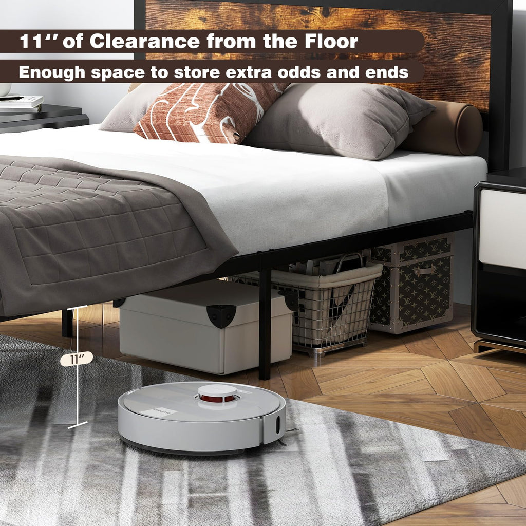 Metal Full Size Platform Bed Frame with Wood Headboard and Footboard H7598