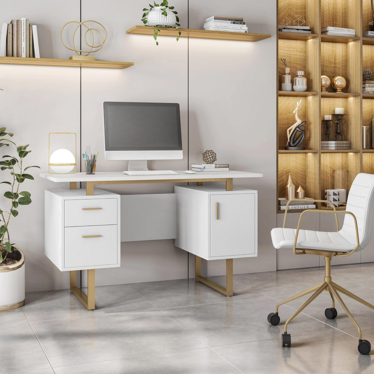 51"W Computer Desk with 2 Drawers & Storage Cabinet P570