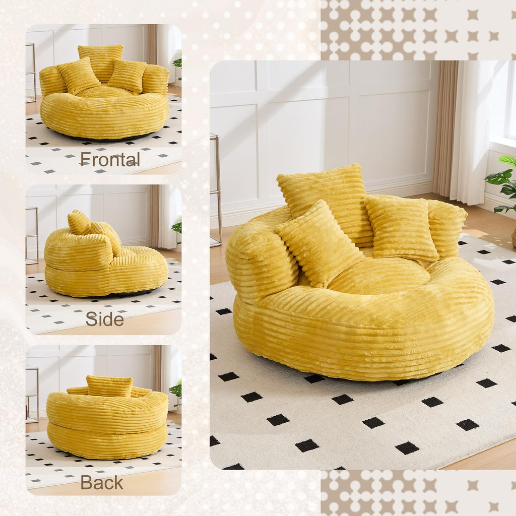 Oversized Memory Foam Bean Bag Chair with Pillows and Backrest, Mustard Yellow N643