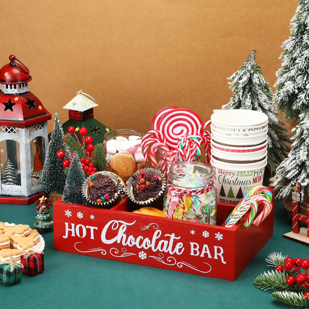 Christmas Hot Cocoa Bar Station Organizer Storage Box Wood Red X23907