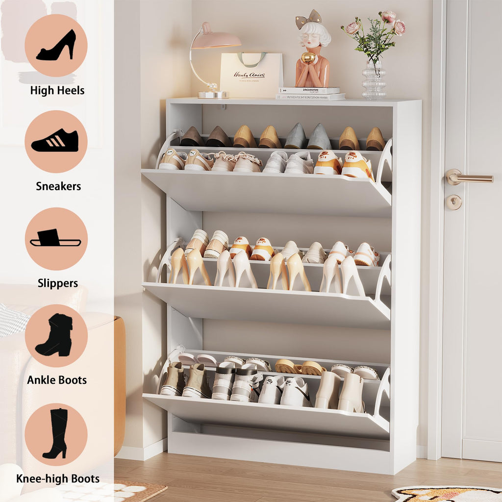 White 3 Flip Drawer Wood Shoe Storage Cabinet Z57817