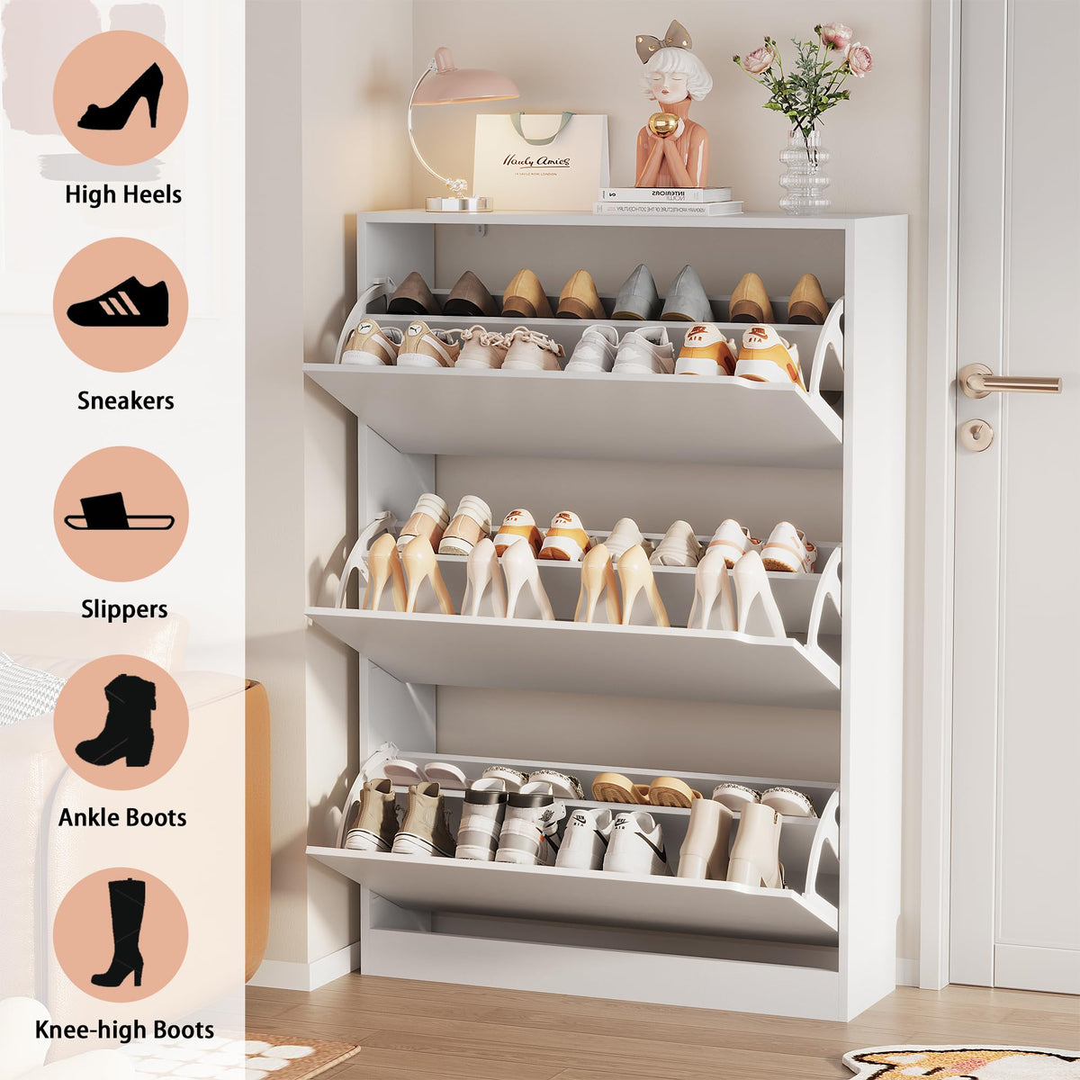 White 3 Flip Drawer Wood Shoe Storage Cabinet Z57817