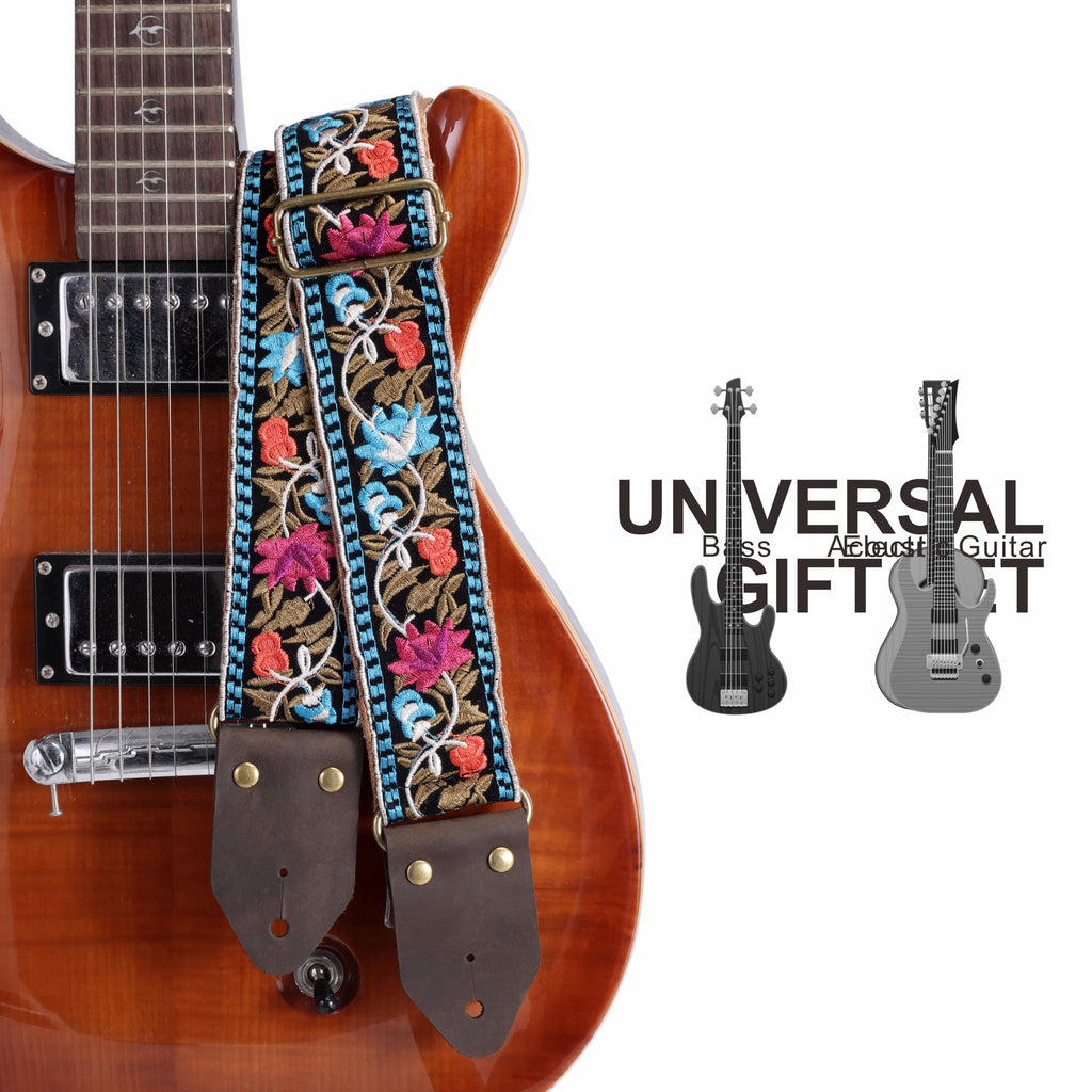Jacquard Embroidery Cotton Guitar Strap with Leather Ends Q170