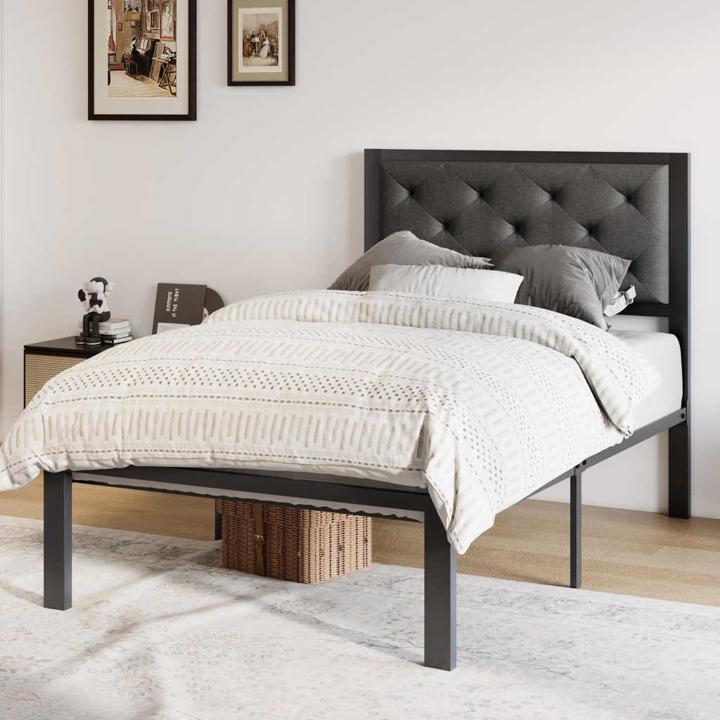 Twin Bed Frame with Upholstered Headboard, Dark Grey X9566