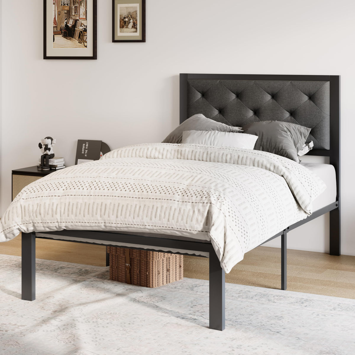 Twin Bed Frame with Upholstered Headboard, Dark Grey X9566