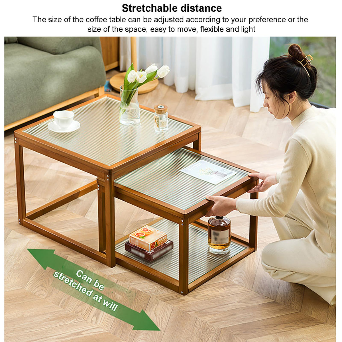 Square Glass Nesting Coffee Tables Set of 2 with Bamboo Frame I393