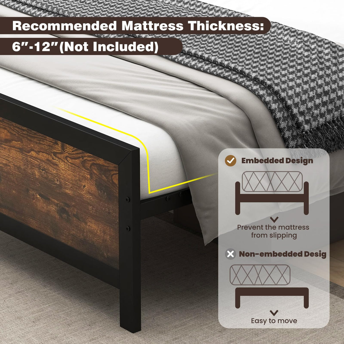 Metal Full Size Platform Bed Frame with Wood Headboard and Footboard H7598