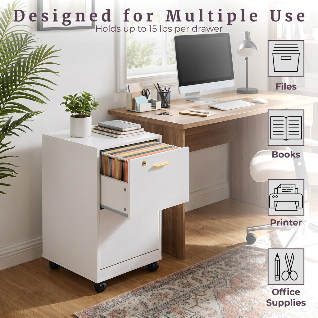 White 2 Drawer Wooden File Cabinet with Lock J940