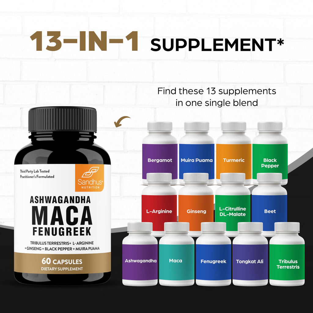 Maca Root Fenugreek Ashwagandha L-Arginine Ginseng Muira Puama Herbal Supplement 60 Capsules Z53015