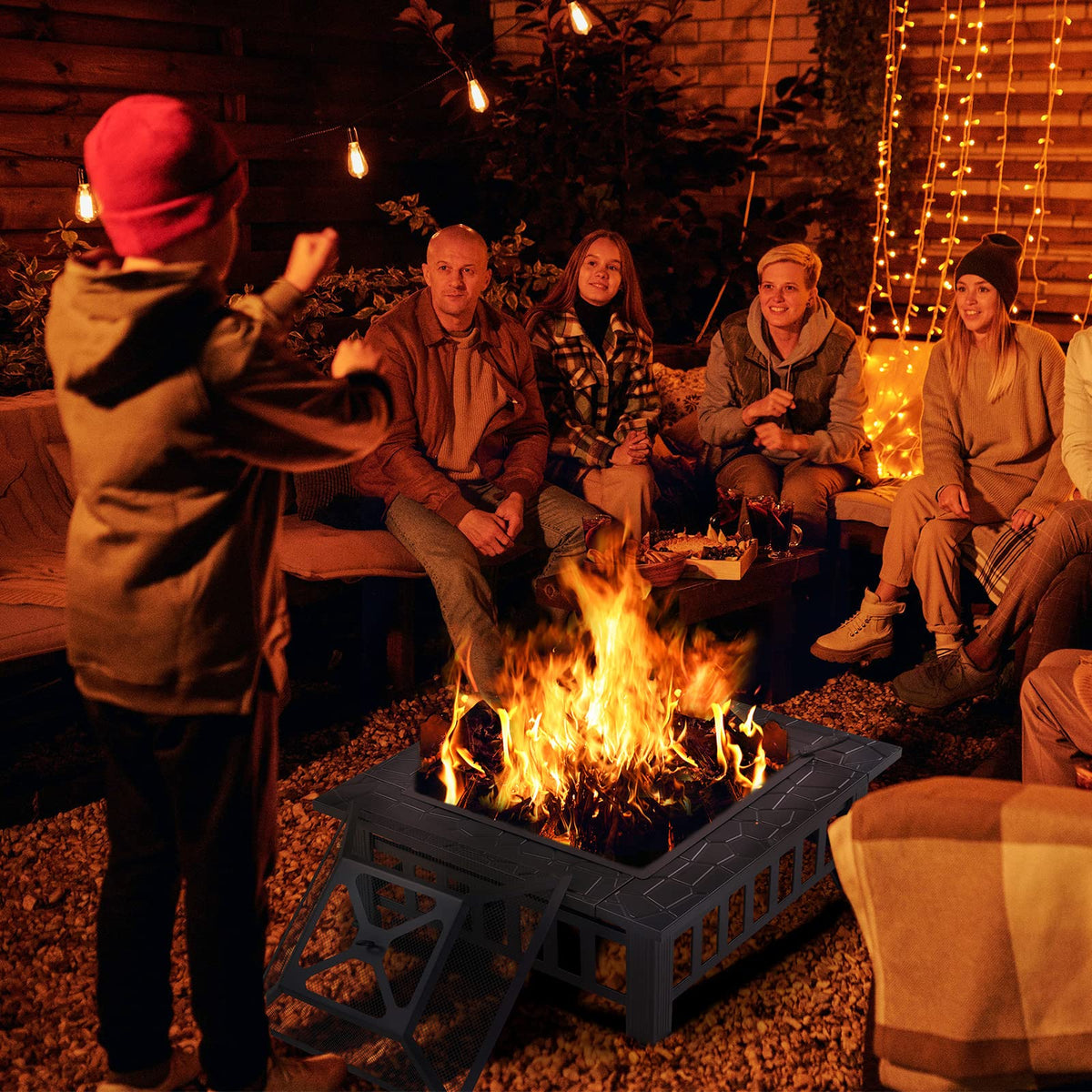 32" Square Wood Burning Fire Pit with Poker and Cover D50932