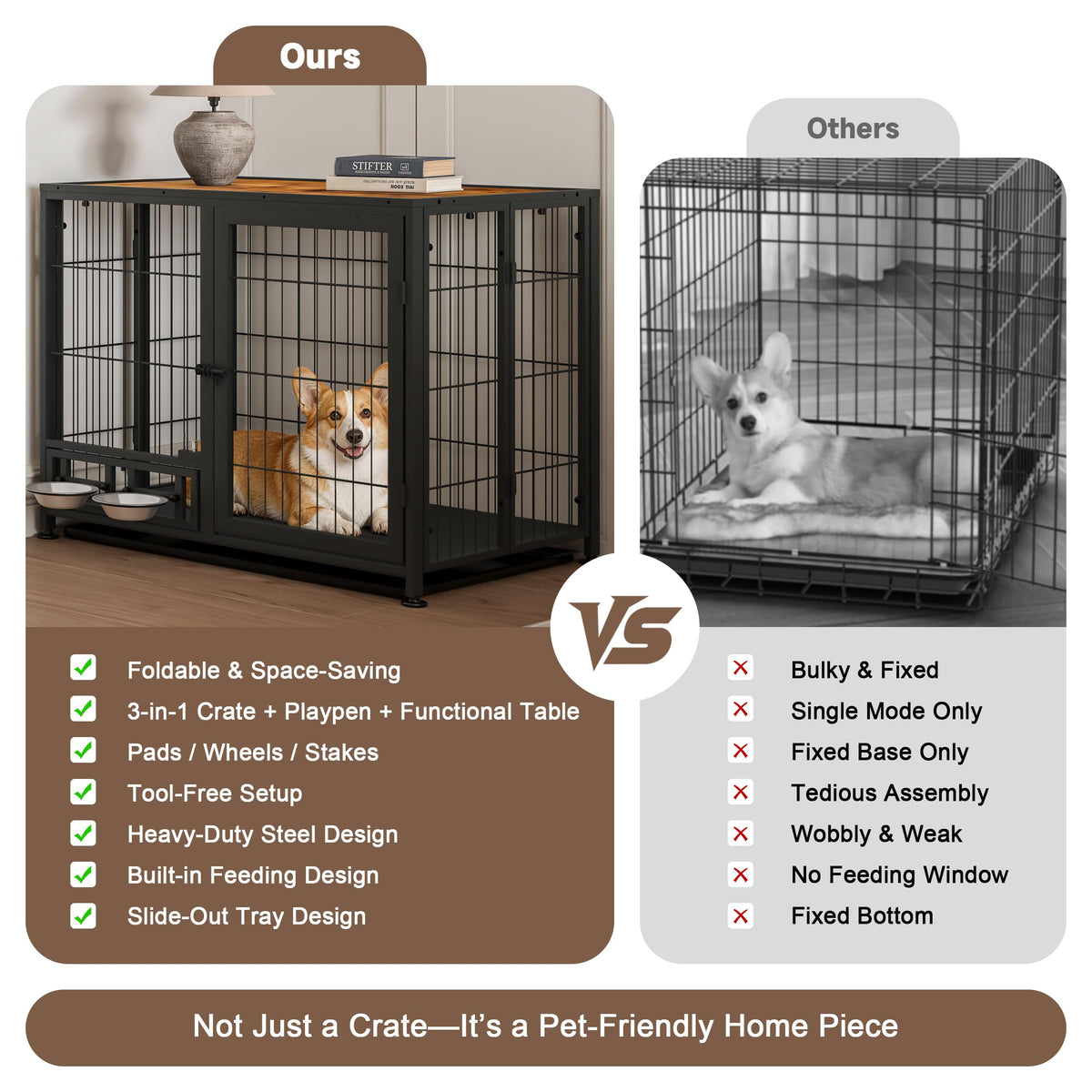 Heavy Duty Foldable Dog Crate with Wheels & Feeding Bowls I349