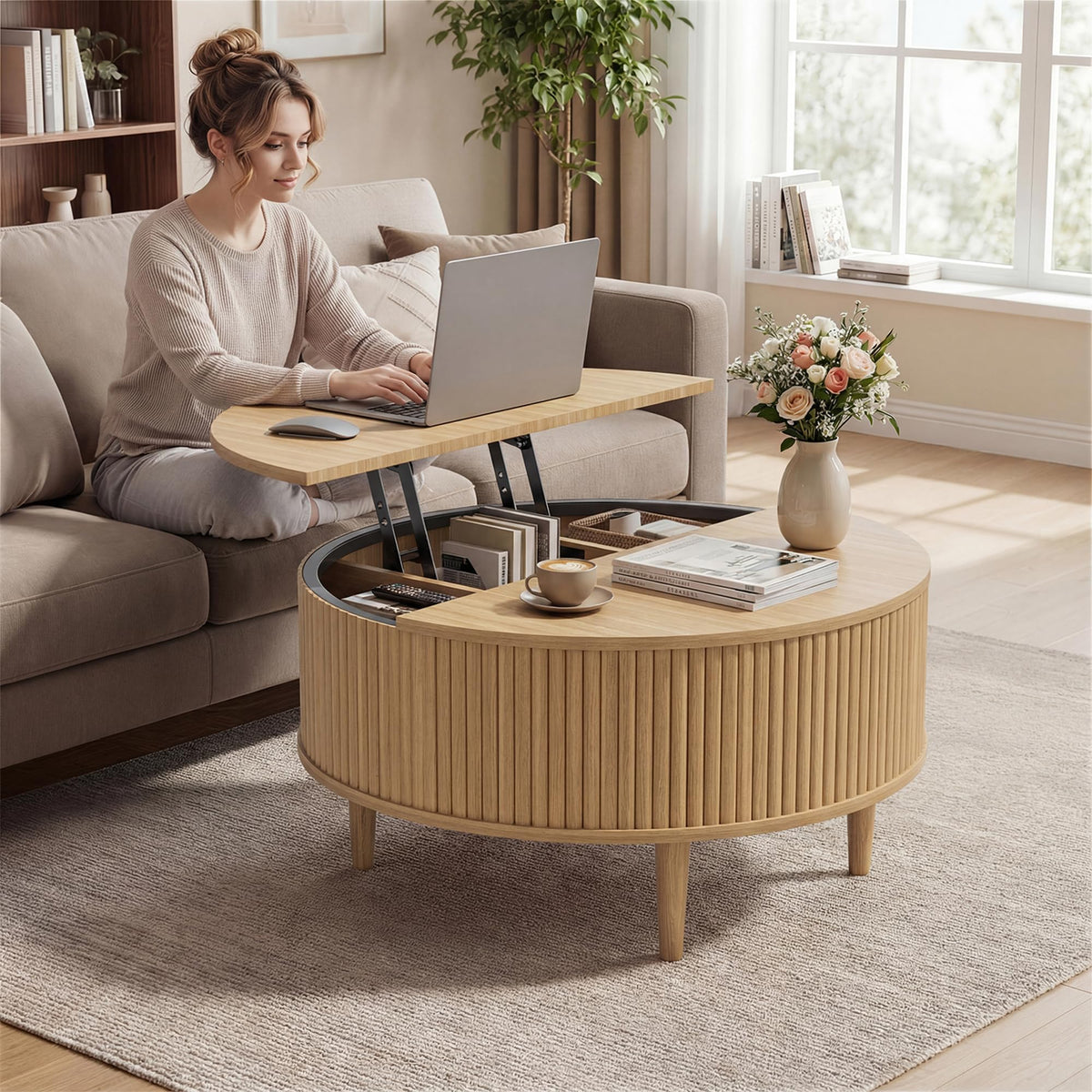 31.5" Round Lifting Top Coffee Table with Storage N888