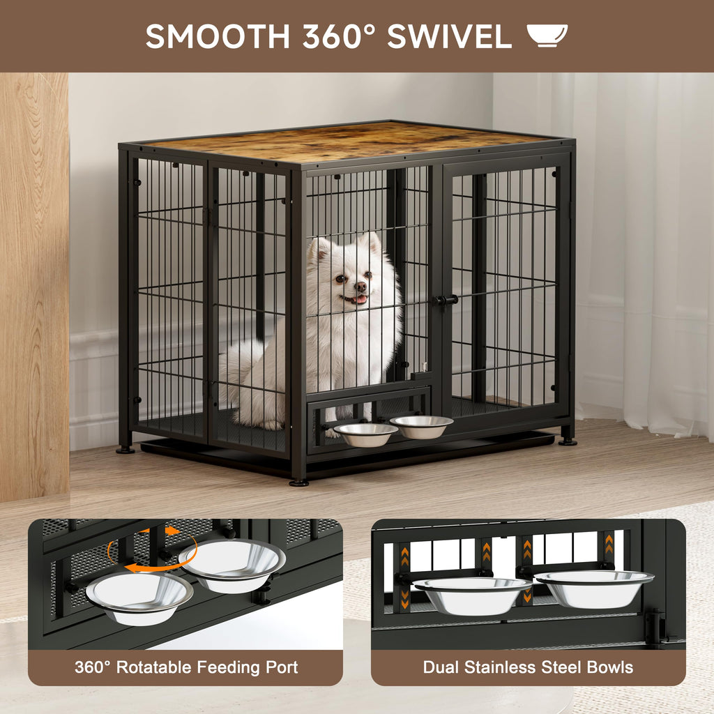 Heavy Duty Foldable Dog Crate with Wheels & Feeding Bowls I349