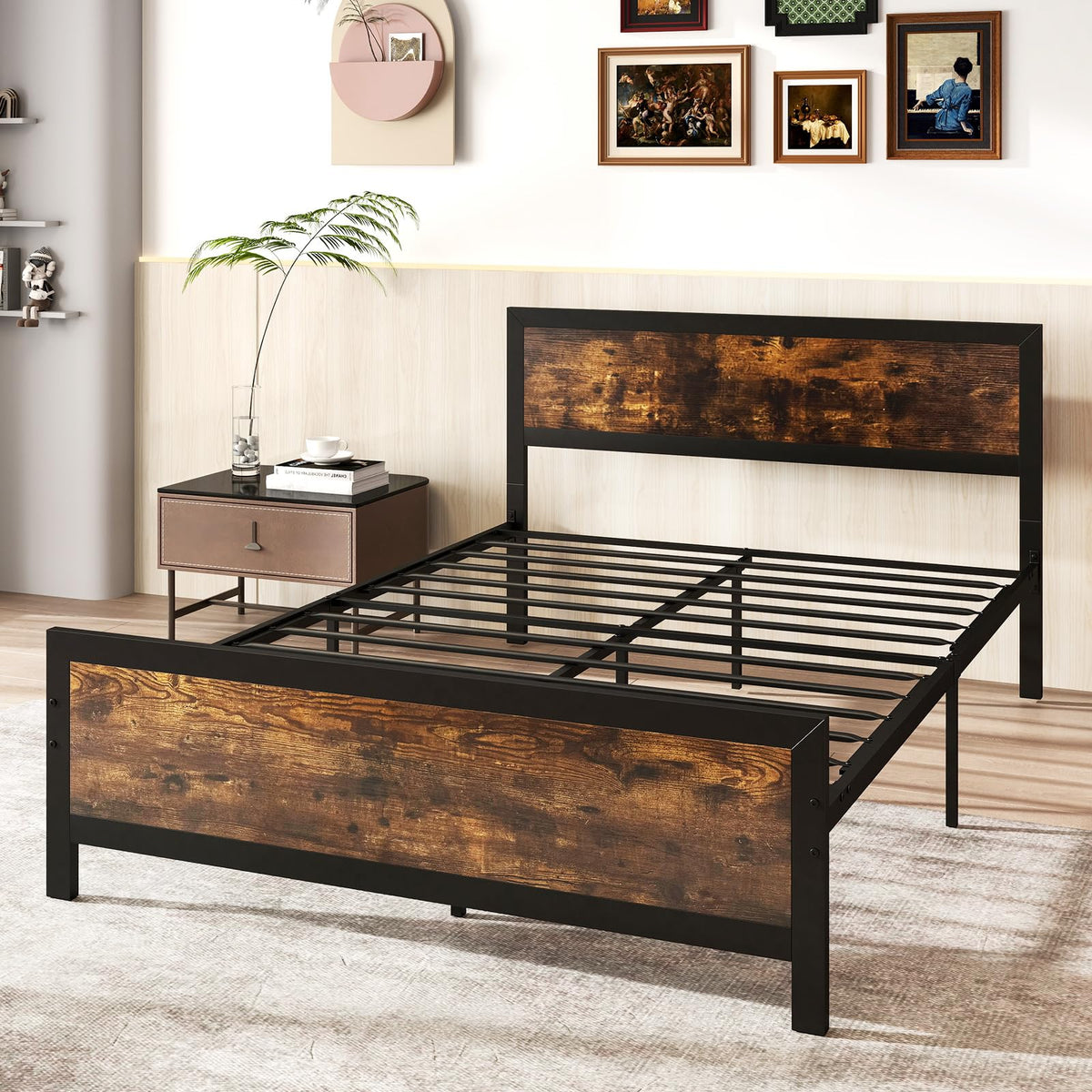 Metal Full Size Platform Bed Frame with Wood Headboard and Footboard H7598