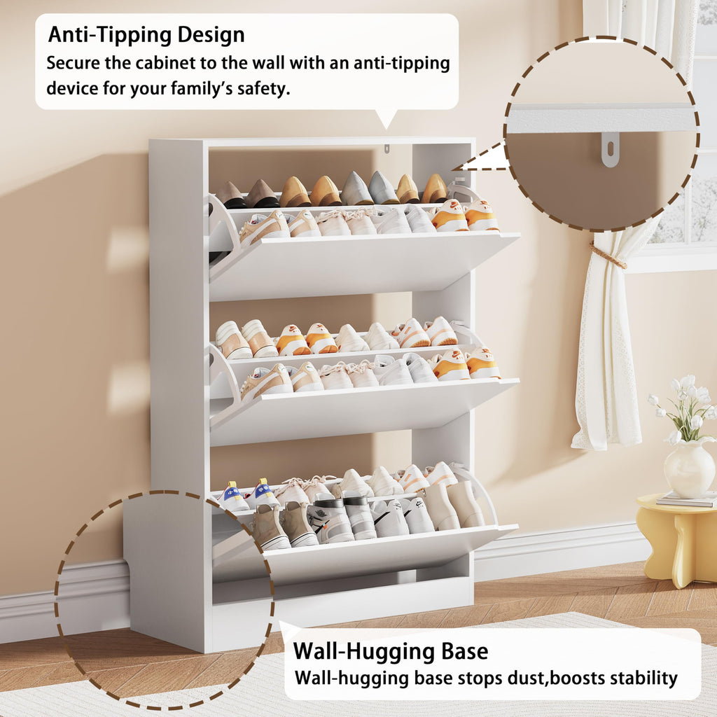 White 3 Flip Drawer Wood Shoe Storage Cabinet Z57817
