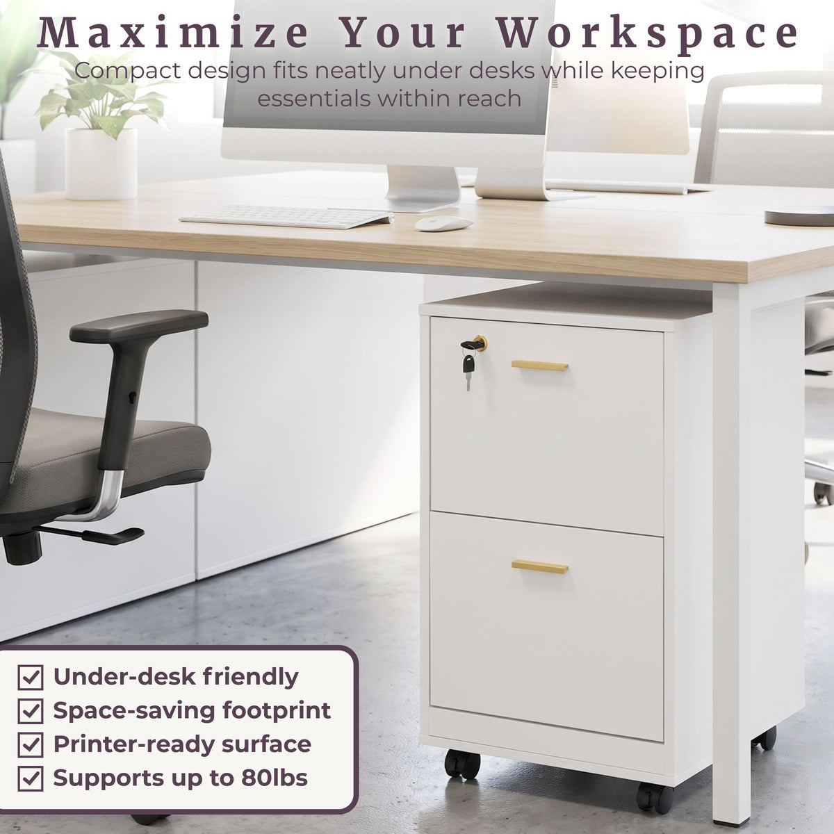 White 2 Drawer Wooden File Cabinet with Lock J940