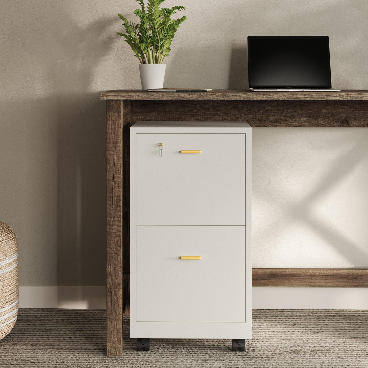 White 2 Drawer Wooden File Cabinet with Lock J940
