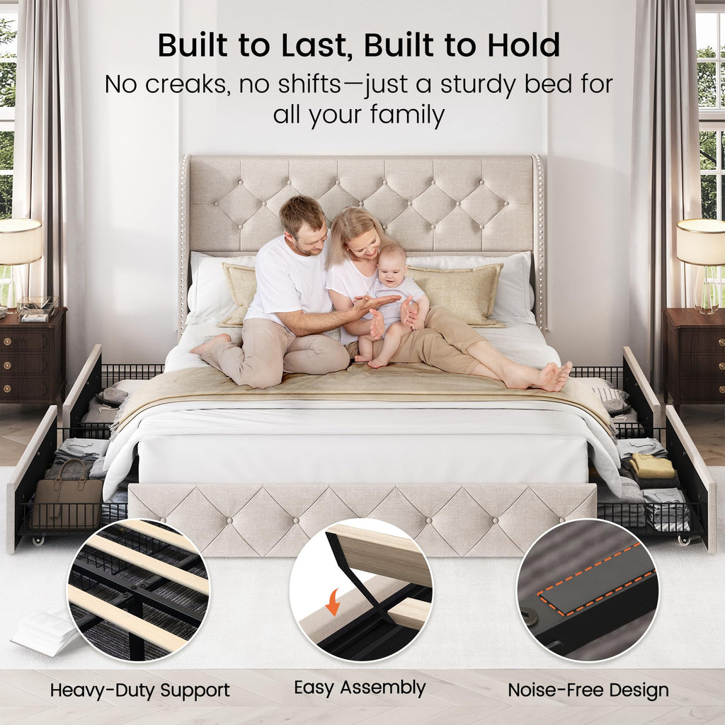 Queen Size Linen Upholstered Platform Bed Frame with 4 Storage Drawers T936289