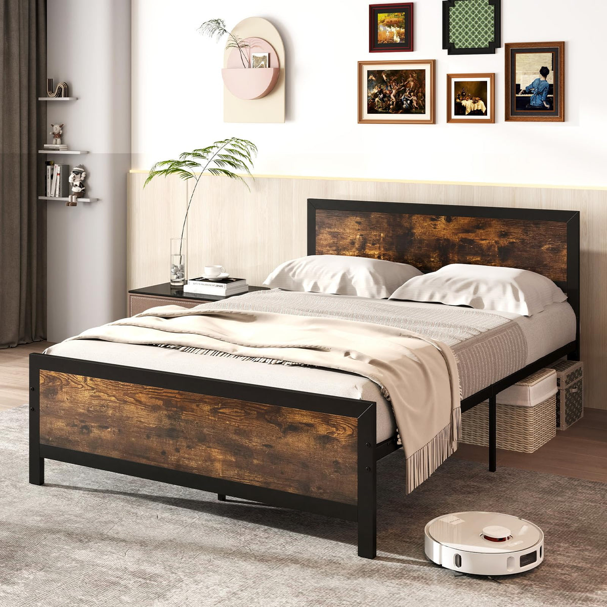Metal Full Size Platform Bed Frame with Wood Headboard and Footboard H7598