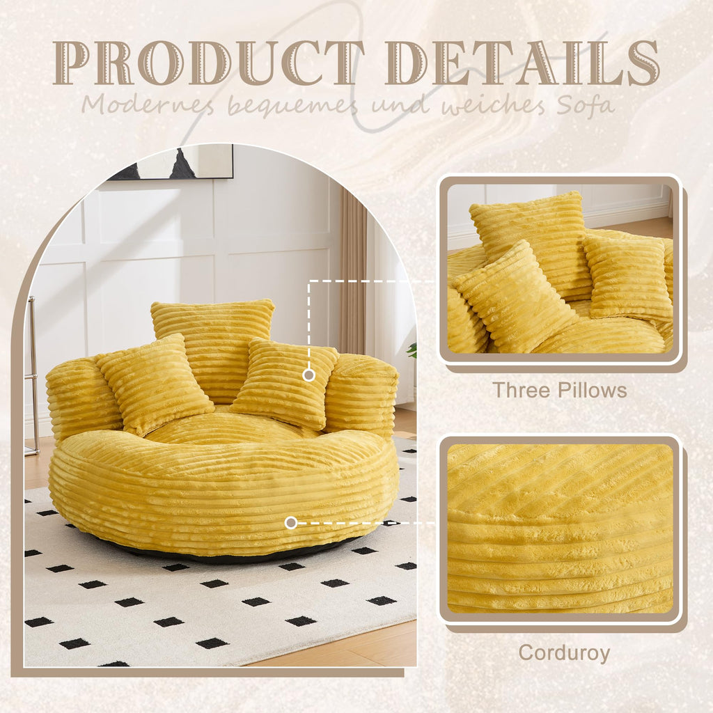 Oversized Memory Foam Bean Bag Chair with Pillows and Backrest, Mustard Yellow N643