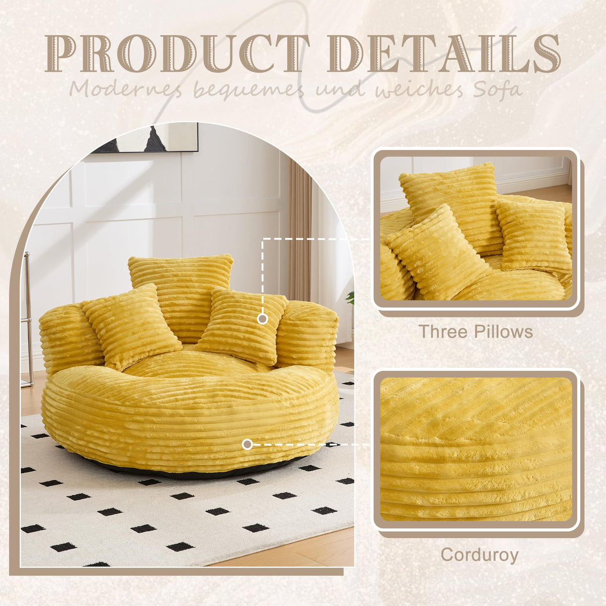Oversized Memory Foam Bean Bag Chair with Pillows and Backrest, Mustard Yellow N643