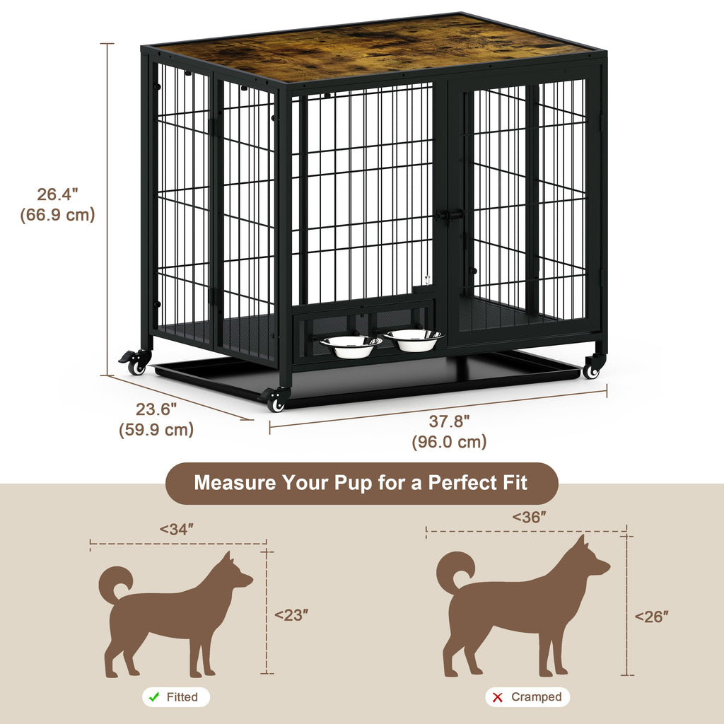 Heavy Duty Foldable Dog Crate with Wheels & Feeding Bowls I349