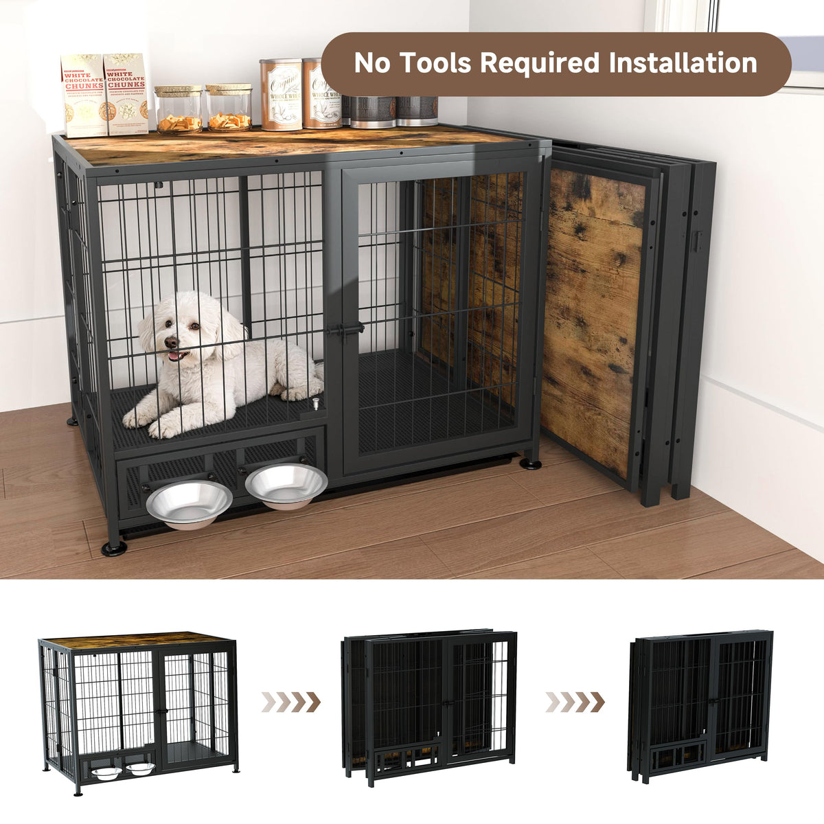 Heavy Duty Foldable Dog Crate with Wheels & Feeding Bowls I349