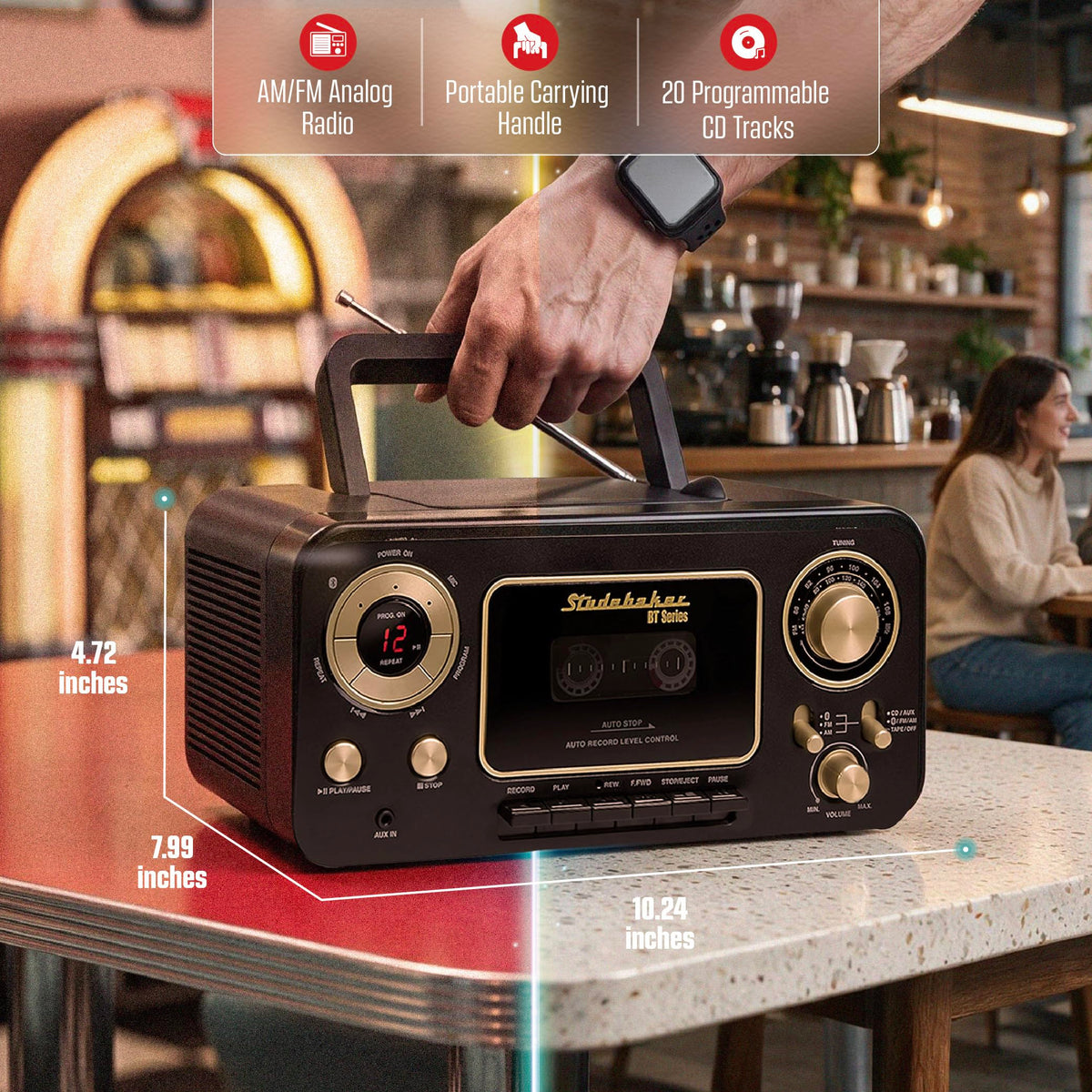 Portable CD Player with Bluetooth, AM/FM Stereo Radio & Cassette Player, Black & Gold X9986