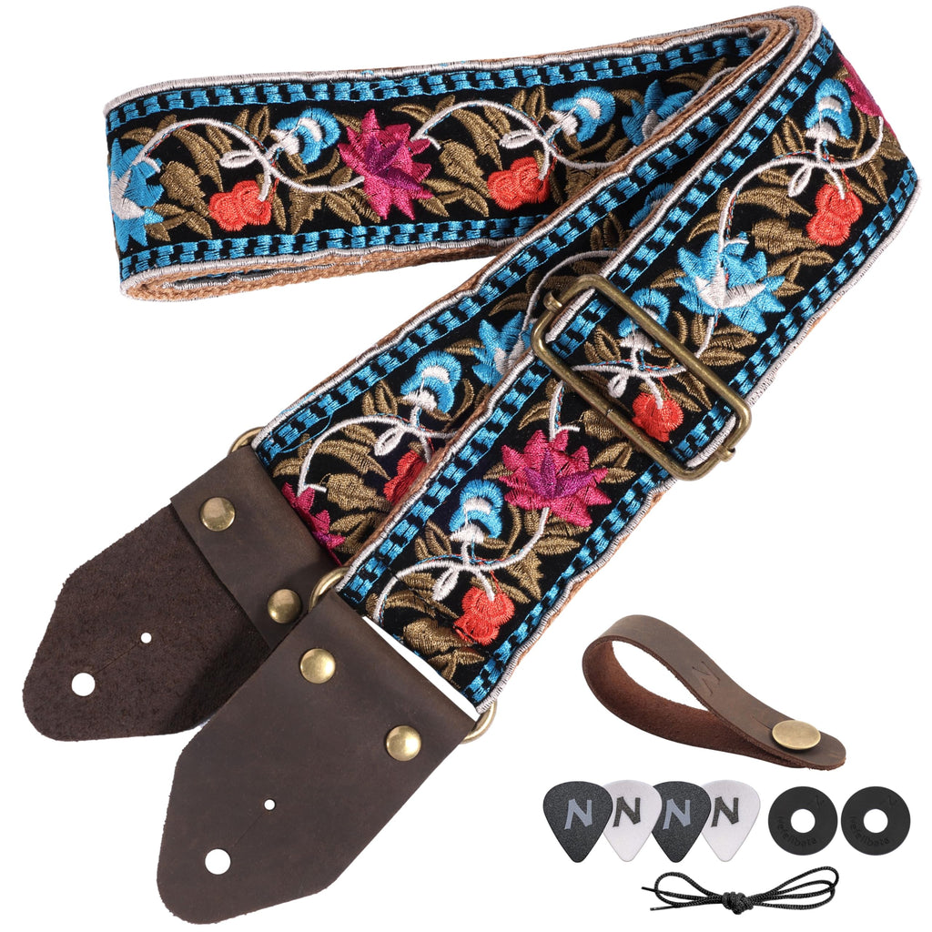 Jacquard Embroidery Cotton Guitar Strap with Leather Ends Q170