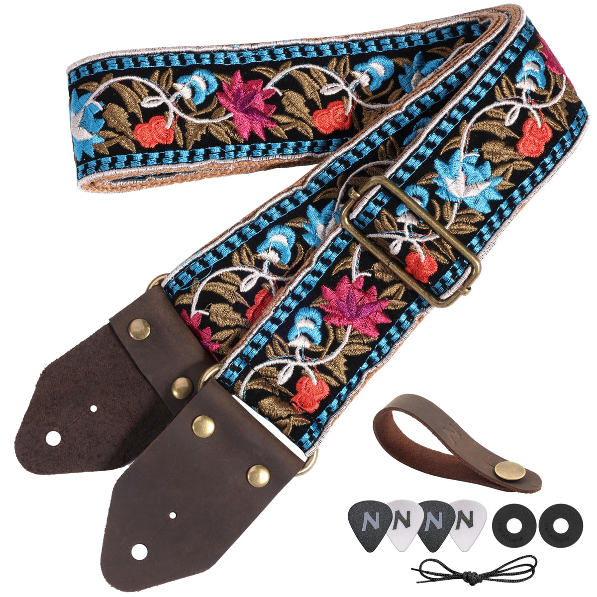 Jacquard Embroidery Cotton Guitar Strap with Leather Ends Q170