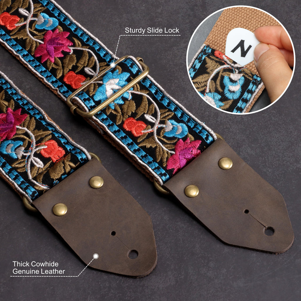 Jacquard Embroidery Cotton Guitar Strap with Leather Ends Q170