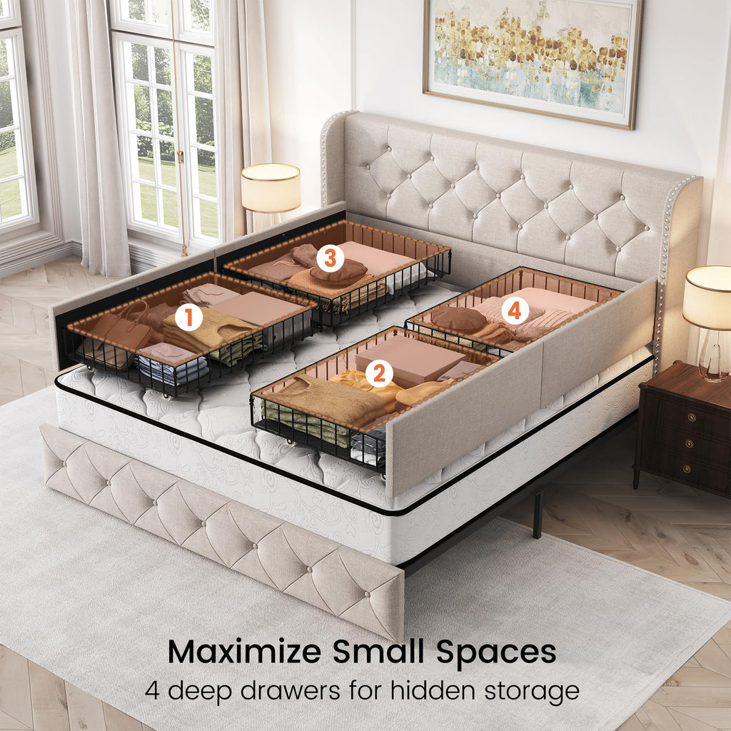 Queen Size Linen Upholstered Platform Bed Frame with 4 Storage Drawers T936289