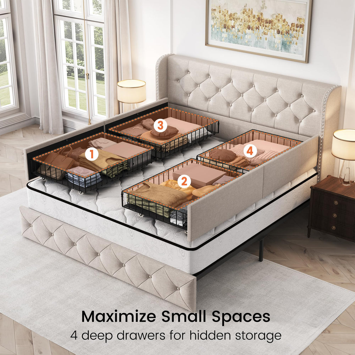 Queen Size Linen Upholstered Platform Bed Frame with 4 Storage Drawers T936289